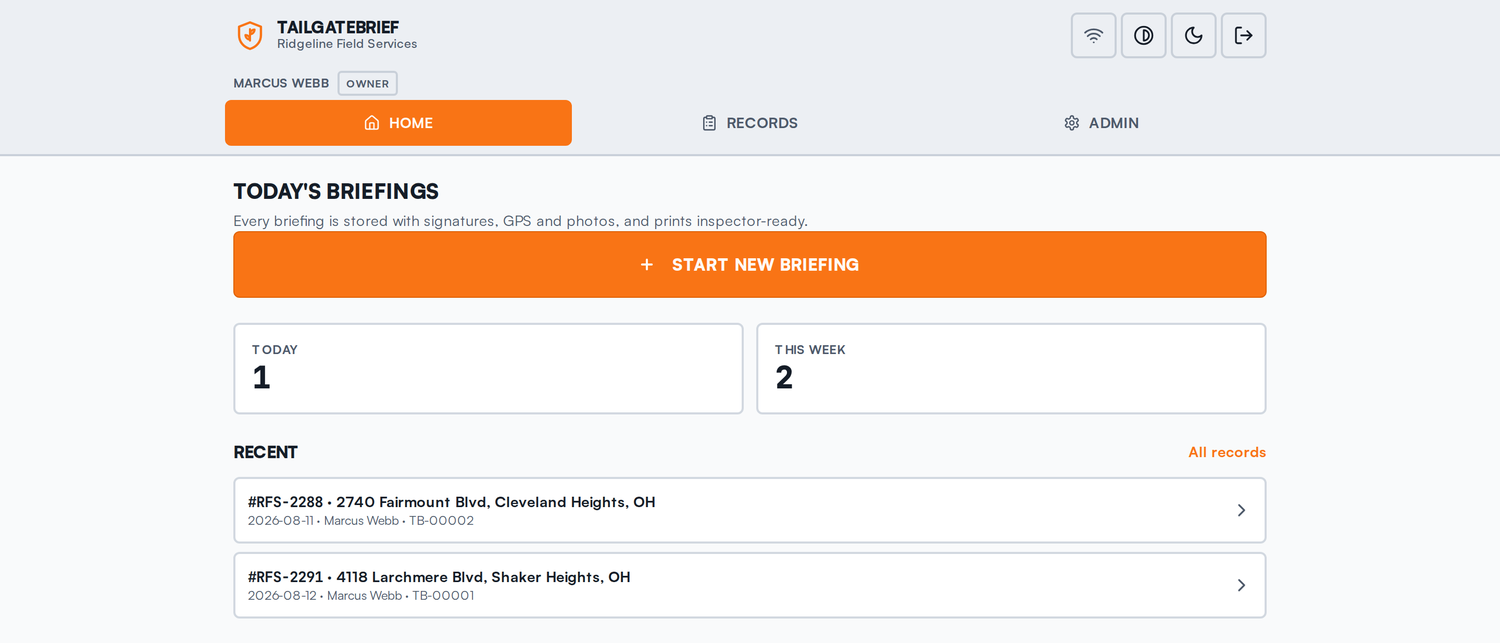 TailgateBrief dashboard showing today's briefing status, crew count and recent signed briefings