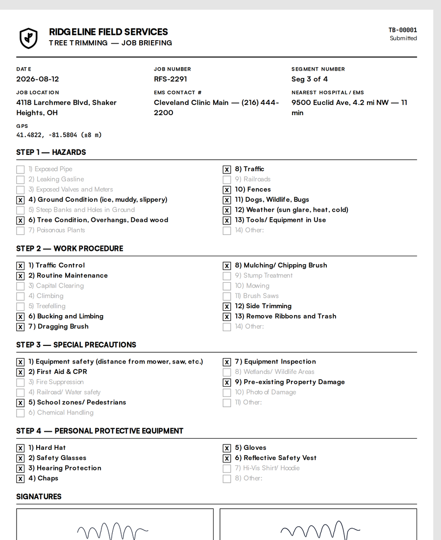 Inspector printout showing job details and the checklist sections with unchecked items still visible
