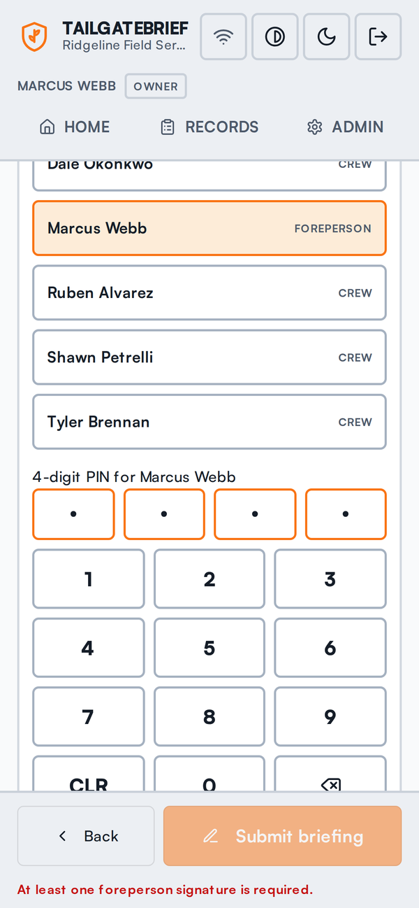 Crew roster and four-digit PIN keypad on a phone, ready for a crew member to sign