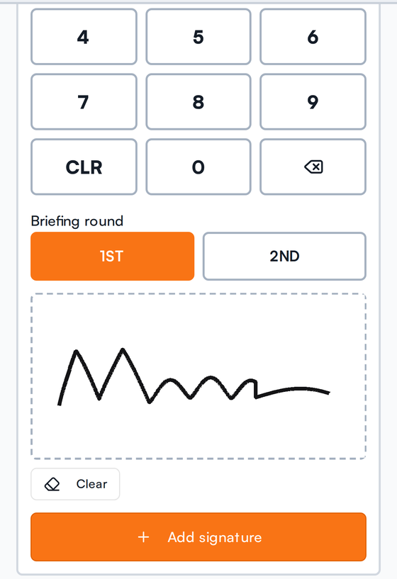 Signature pad on a phone with a captured signature, briefing round selector and Add signature button